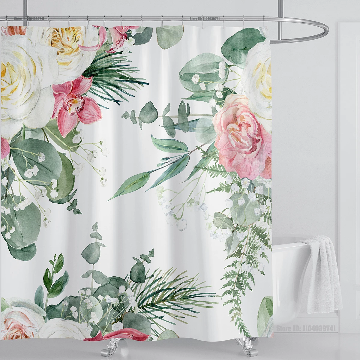 Watercolor Leaf Shower Curtain Sets Waterproof Plant Floral Shower Curtain Leaves Fabric Cloth Bathroom Curtains with Hooks