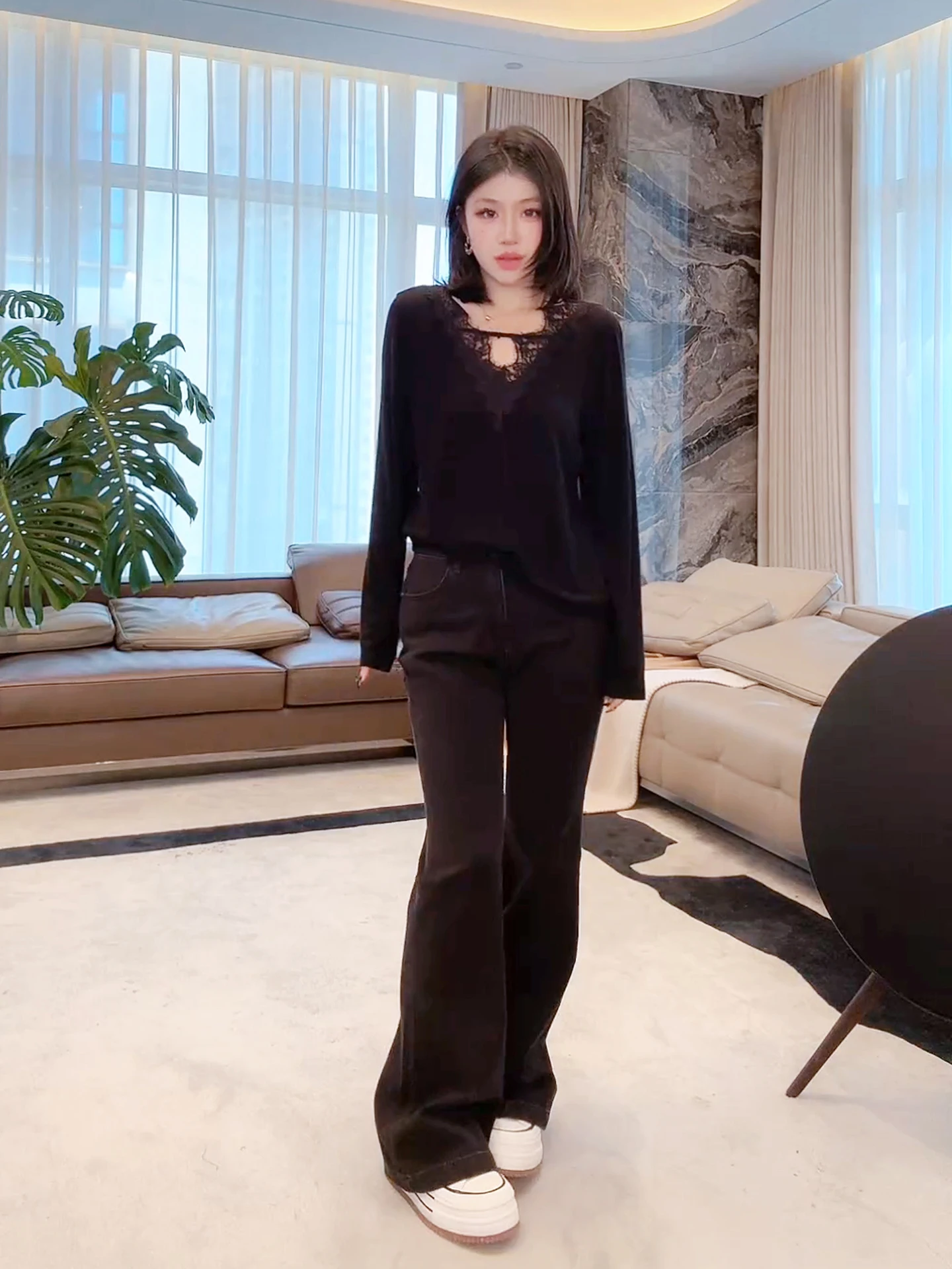 

Дышащая шерстяная кружевная футболка с длинным рукавом для девушек: модная, универсальная, повседневная базовая модель