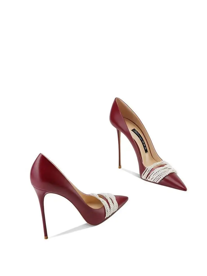 

Wine Red Genuine Leather Pearl Design New Style 2025 Spring/Summer Pointed Toe Stiletto High Heels for Women