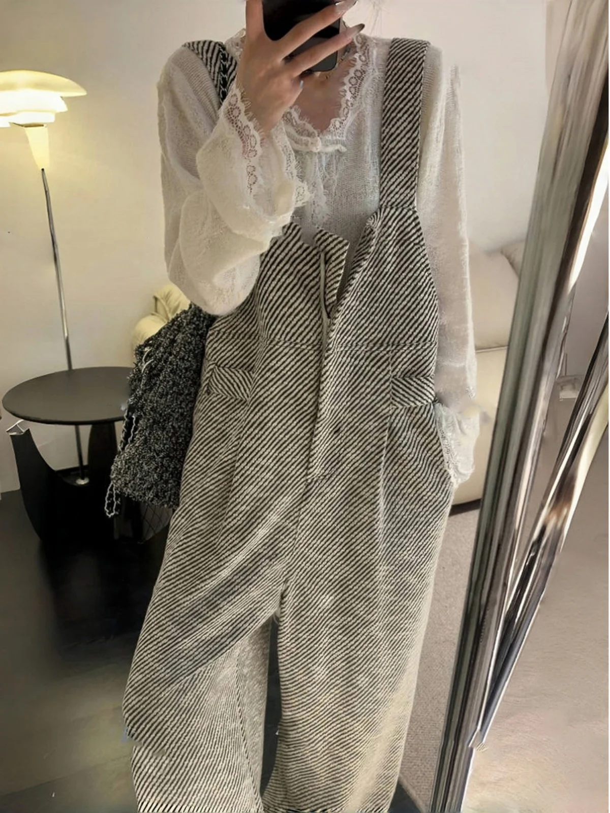 

Plus Size Casual Striped Design One-Piece Pants plus Size Women's Clothing Hiding Belly Anti-Aging oulder Straps Wide Leg Pants