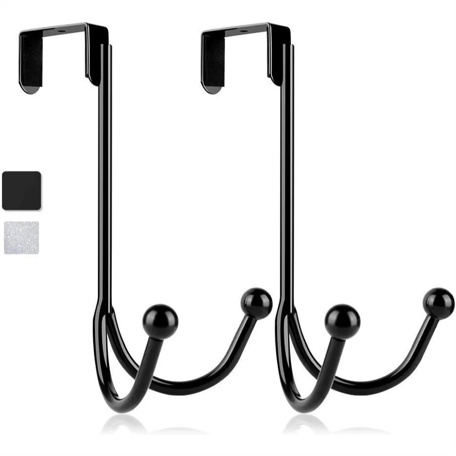 

Over The Door Double Hanger Hooks, Metal Twin Organizer for Coats and Towels - Space-Saving Black Design