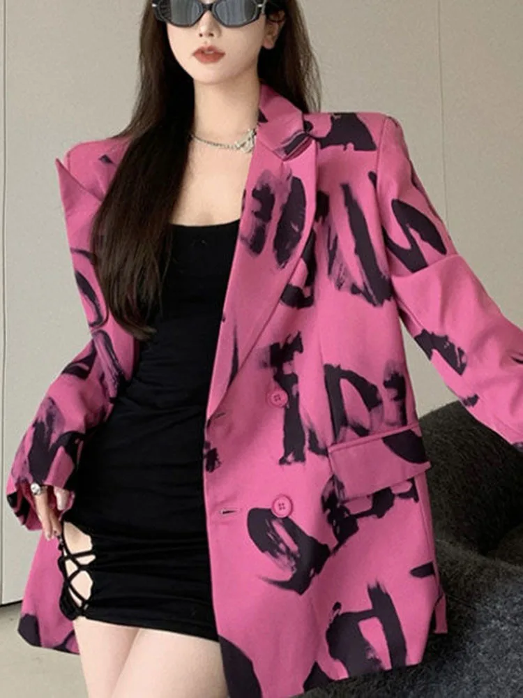 BZVW Fashion Print Blazer donna dentellata maniche lunghe doppio petto contrasto colore cappotto 2024 autunno nuovo abbigliamento 25 a8691