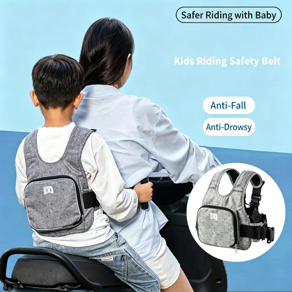 Kids Motorcycle Safety Belt with Storage Bag Rear Seat Grab Handle Adjustable Reflective Harness