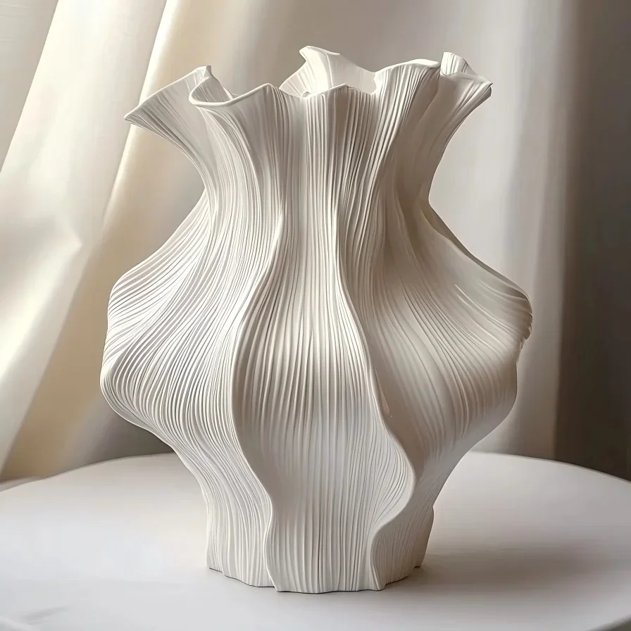 

Nordic Minimalist White Textured Ceramic Vase 3D Wave Pattern Tabletop Decor Flower Vase for Living Room Bedroom Dried Flowers