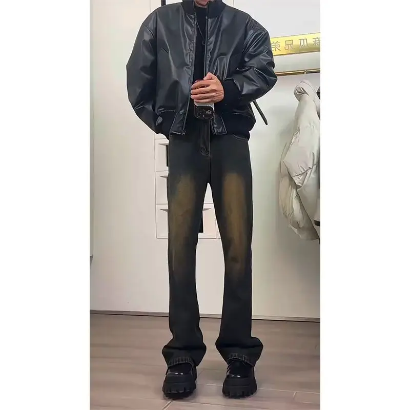 

Washed Vintage Rustic Straight Leg Men's Jeans Autumn Winter High Street Retro Knife Bell Bottoms Youth Trendy Style