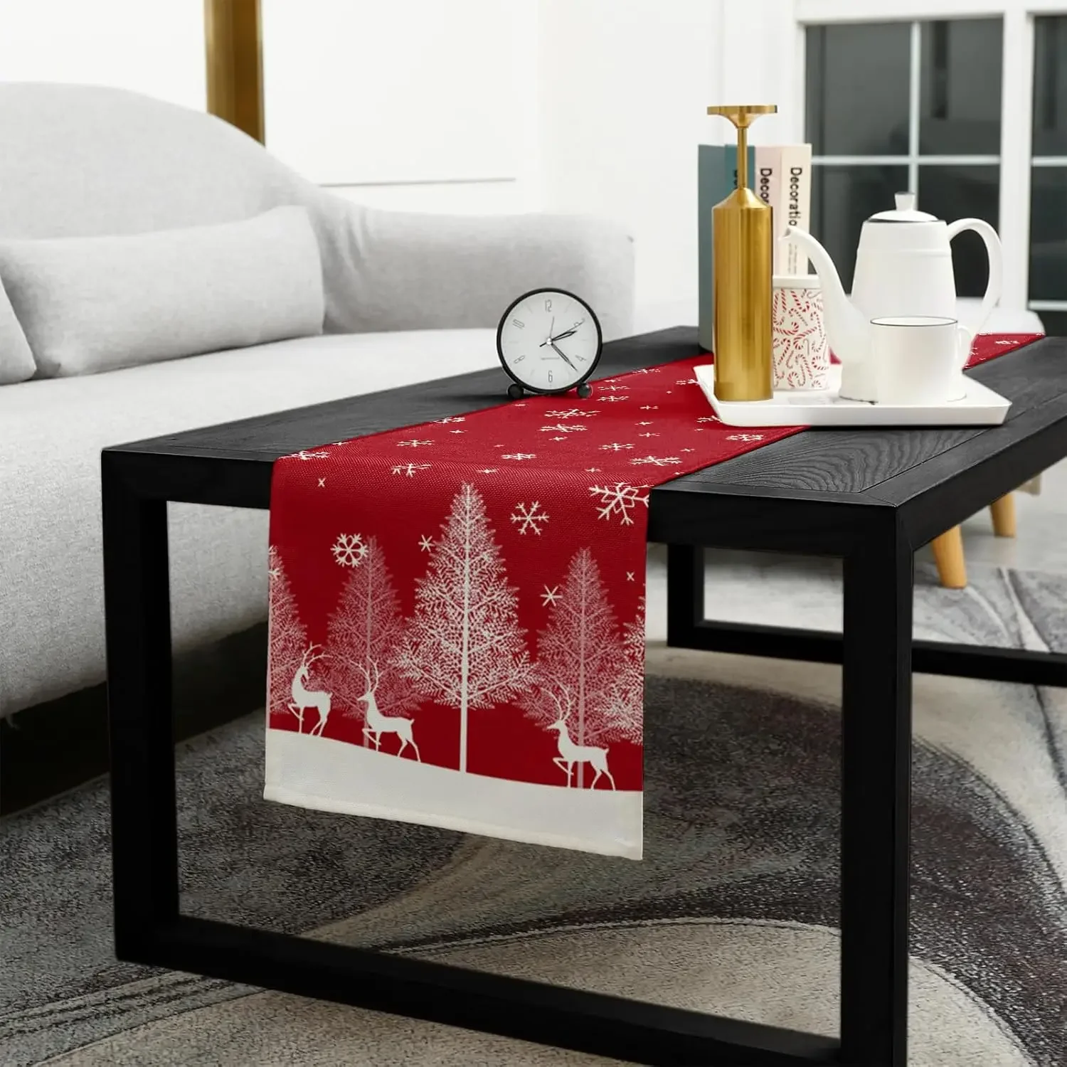 Christmas Elk Pine Tree Forest Red Xmas Snowflake Linen Table Runners Home Decor Zmywalne bieżniki na stół do jadalni Materiały imprezowe