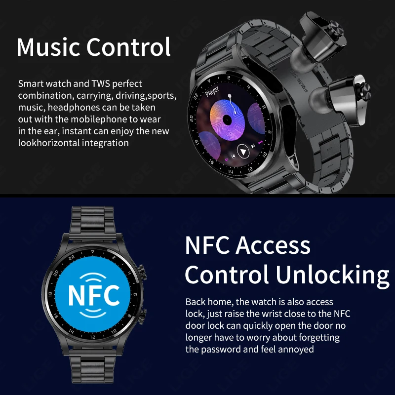 LIGE NFC Smartwatch Wireless Earphon orologio sportivo da uomo TWS Wireless Stereo Music Player Smart Watch funzione di monitoraggio della salute