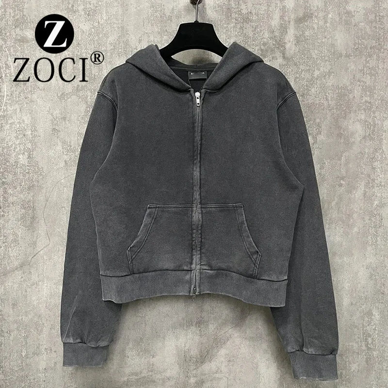 

[ZOCI] Runway Style Armband Washed And Worn Slim Fit Long Sleeved Hooded Short Sweatshirt Jacket For Women