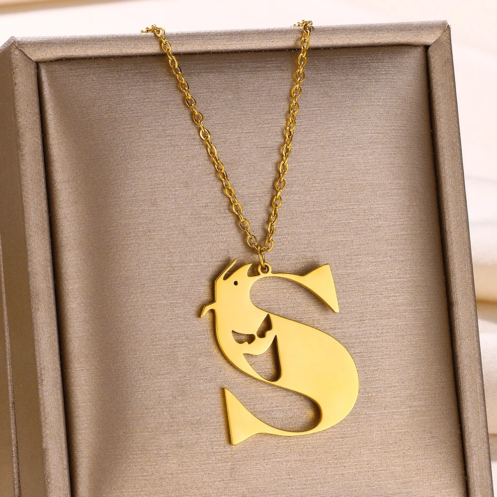 Initial A-Z Letter Demon Pendant  Necklace For Women Gold Color Stainless Steel Clavicle Chain Fashion Halloween Jewelry Gift