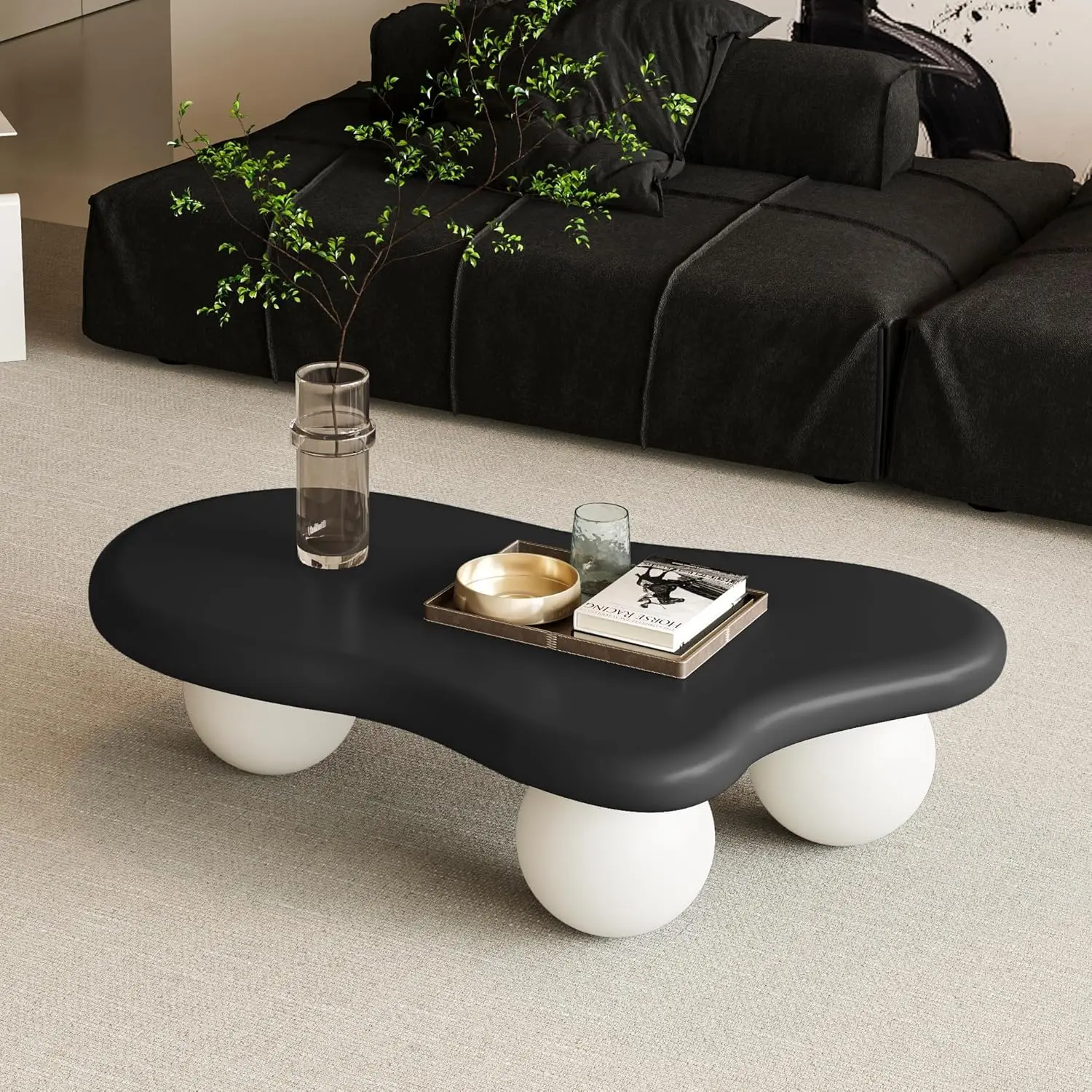 40” Black & White Modern Cloud-Shaped Coffee Table - Irregular Entertainment Center Table with Round Edges