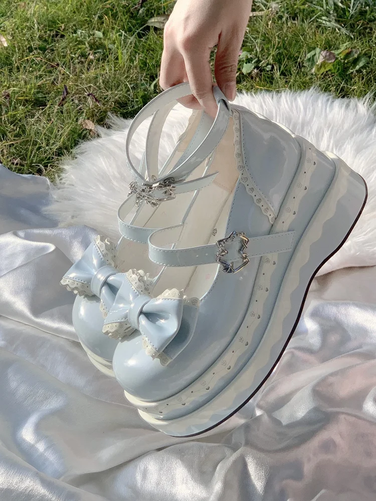 Kawaii Girly Original Lolita Bow Thick Muffin Shoes Cute Sweet Cake Double Bottom Waterproof Table Heightening Mary Jane Shoes