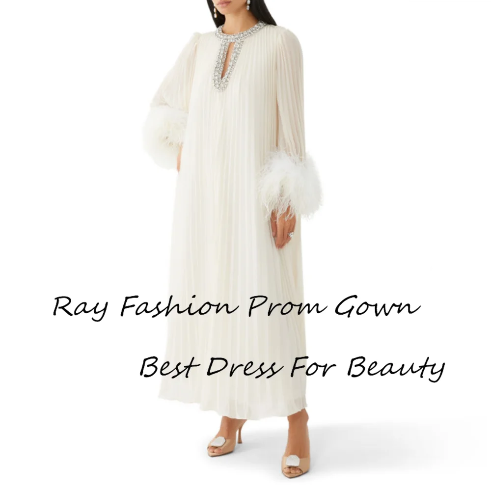 Ray Fashion A Line Evening Dress O Neck With Long Sleeves Tiered Crystal For Women Formal Occasion فساتين سهرة Saudi Arabia