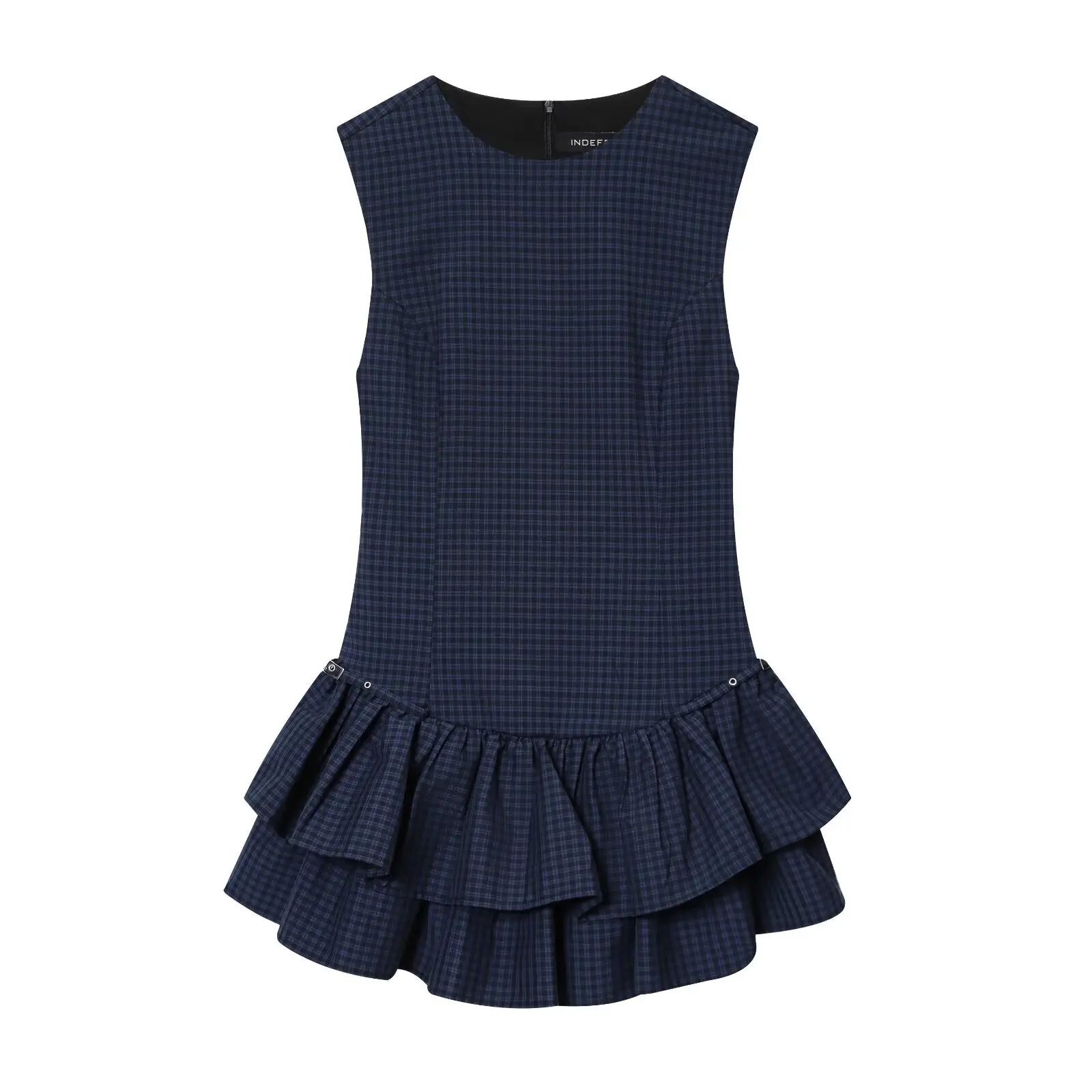 Novo vestido feminino azul marinho xadrez sem mangas em camadas mini vestido sexy e elegante