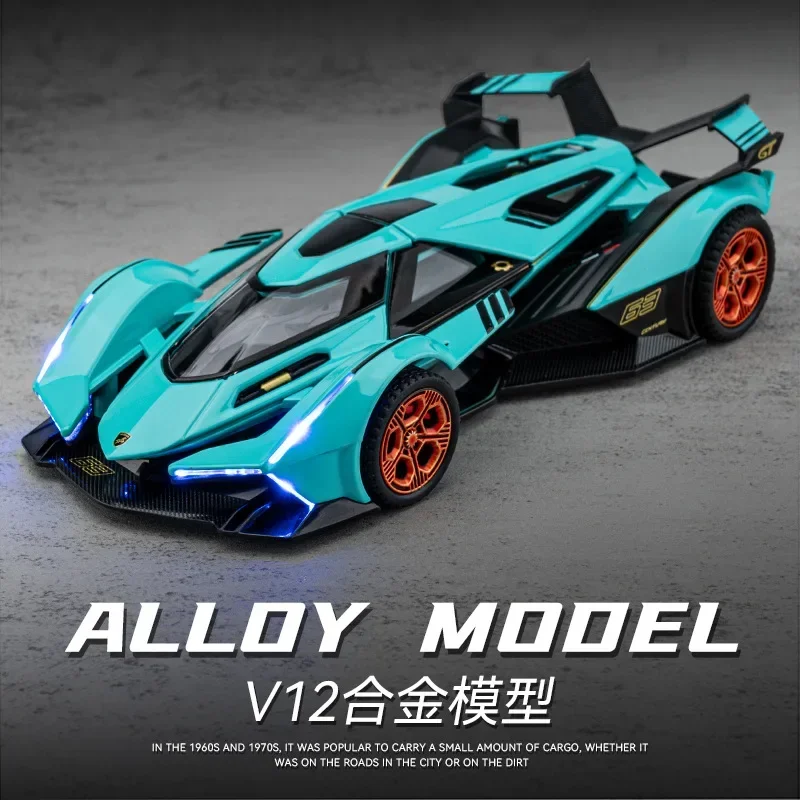 

1:32 Lamborghini V12 спортивный автомобиль, имитация литья под давлением, модель автомобиля из металлического сплава, звук, свет, откатная коллекция, детские игрушки, подарки