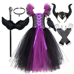 Children 's Cosplay Apparel for Halloween 2024 Maleficent Costume Tutu Dress Girl Evil Queen Disguise Witch Gown Villain Costume