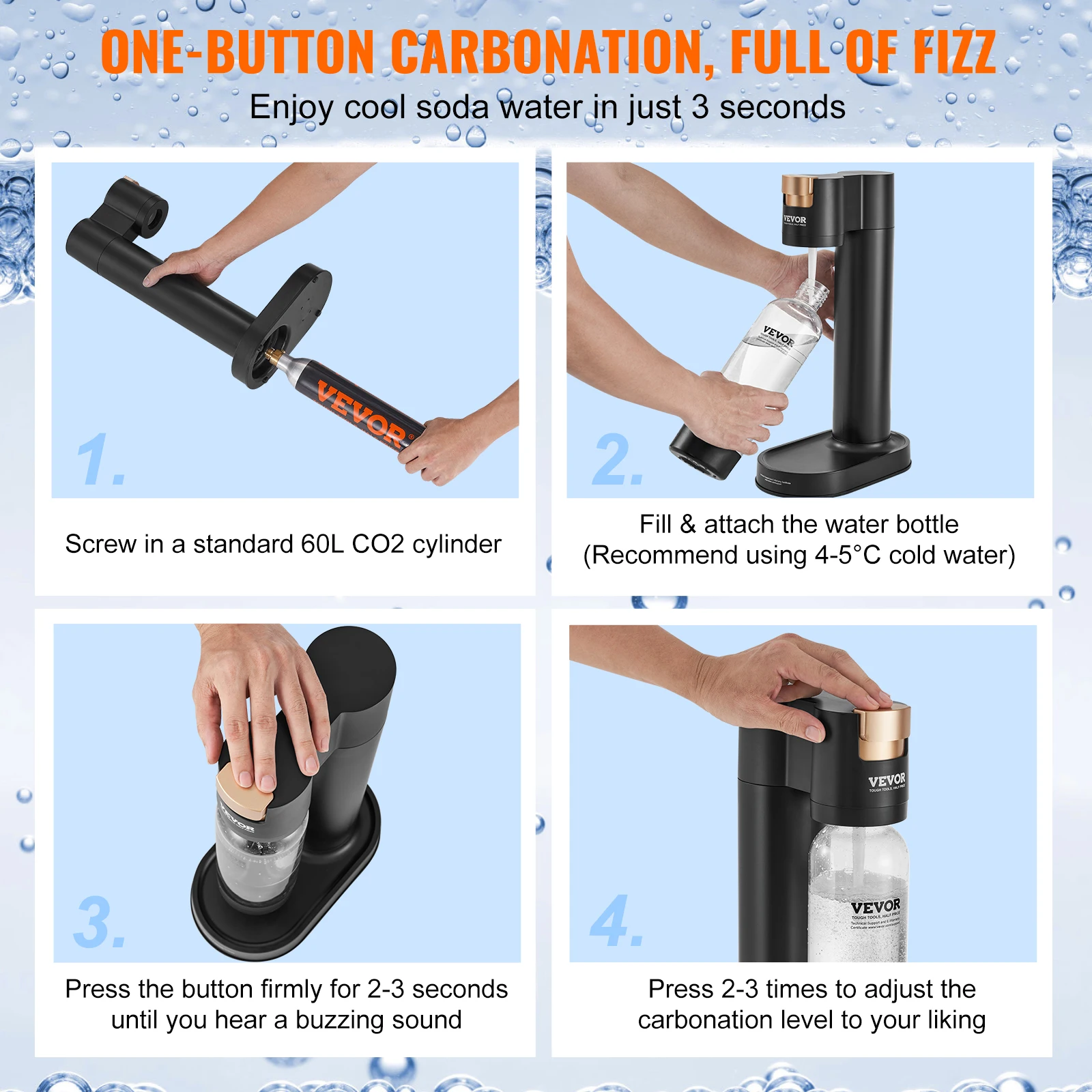 VEVOR Machine à eau gazeuse pour gazéification domestique, machine à eau pétillante et soda avec 2 bouteilles PET de 1 L sans BPA, 1 cylindre de CO2, compatible avec le cylindre de CO2 60 L à visser