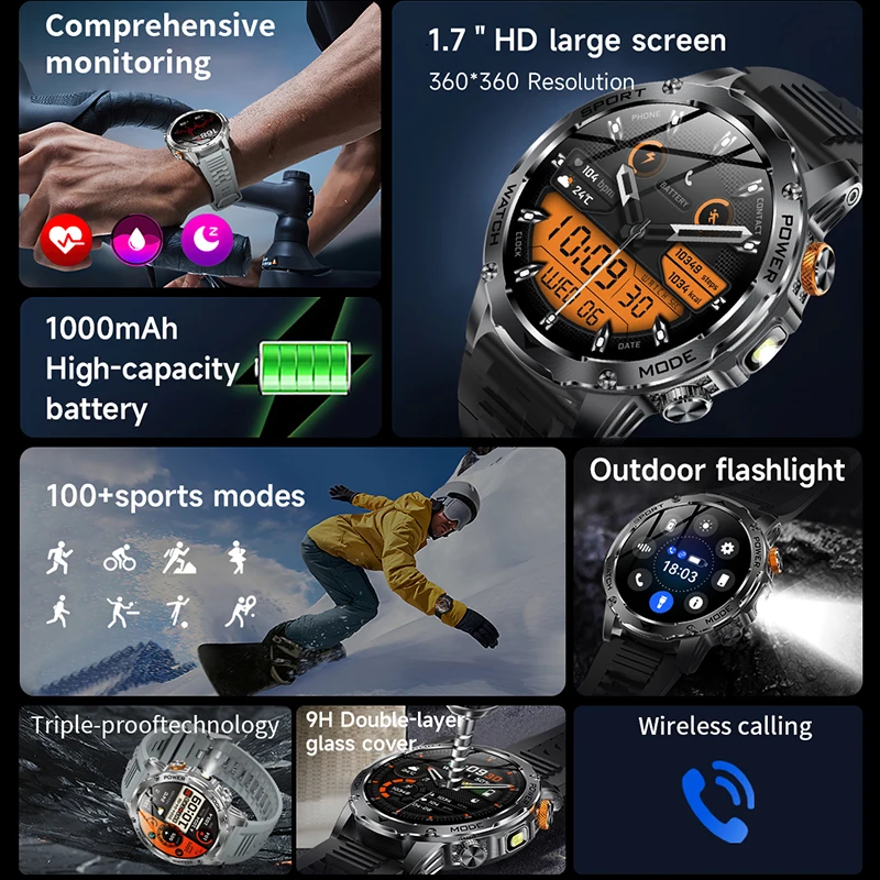 LIGE 1000mah Long Standby Smart Watch Man with AMOLED Screen Led Flashlight Sports IP68 Waterproof Bluetooth Call Smartwatch Men