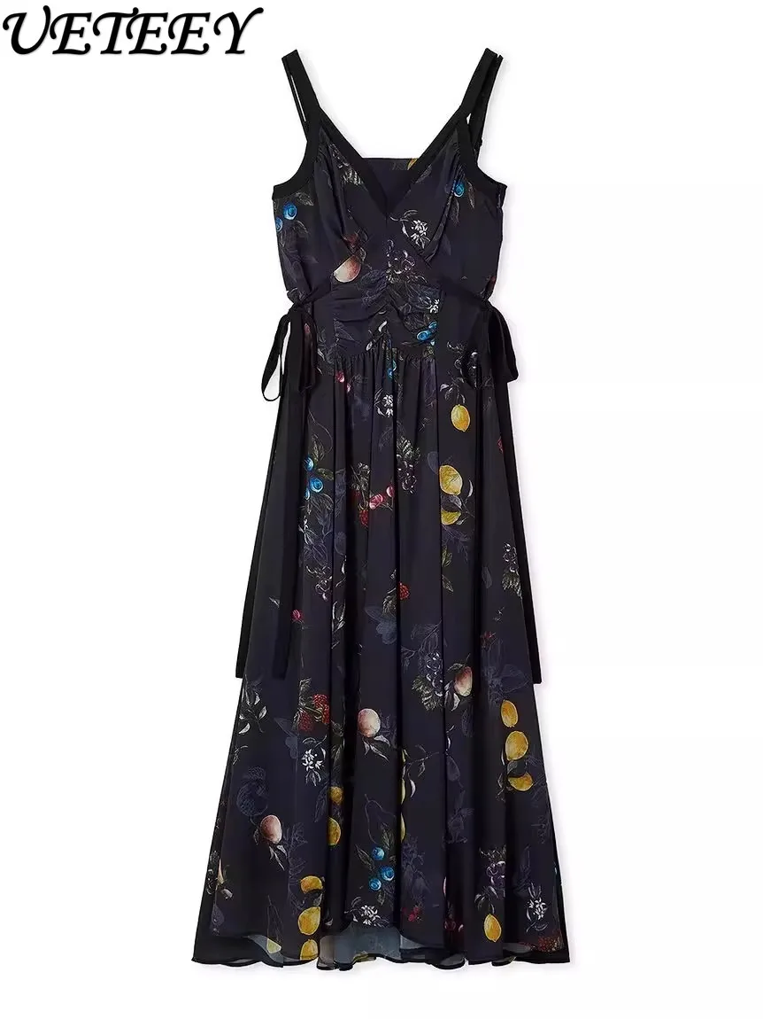 2025 신상 여름 일본 신상 과일 프린트 멜빵 원피스 여성 섹시 슬림 쉬폰 원피스 오피스룩 롱 원피스