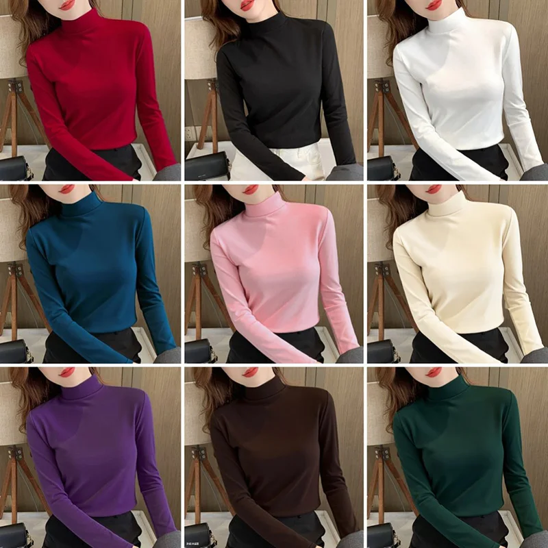 2025 Top da donna classici coreani a maniche lunghe Lady Fashion Intimo termico Abbigliamento femminile Mezza collo alto Pullover sottili