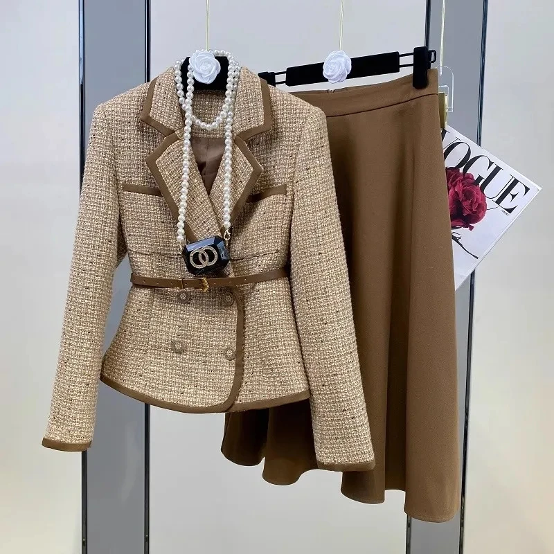 Spring Autumn Women\'s Two Piece Skirt Set Woolen Basic Coat With Belt A Line Skirt Elegant Blazer Work Office Lady Two Piece