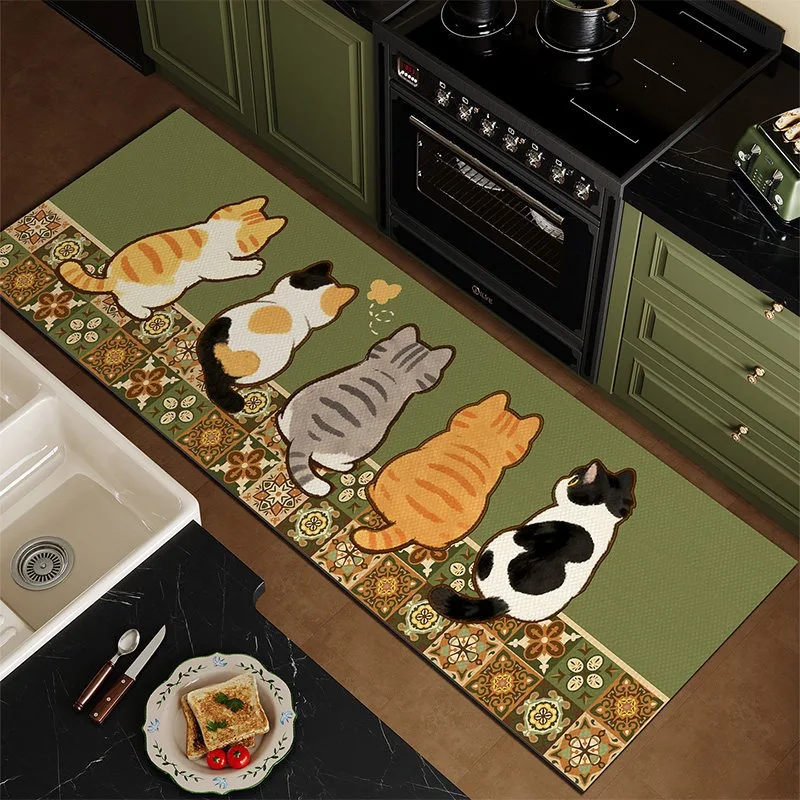 Kitchen Floor Mat PVC Non-slip Waterproof Oil-proof Leather Carpet Plaid Cat Pattern Rug Long Size Home Decoration Rugs alfombra