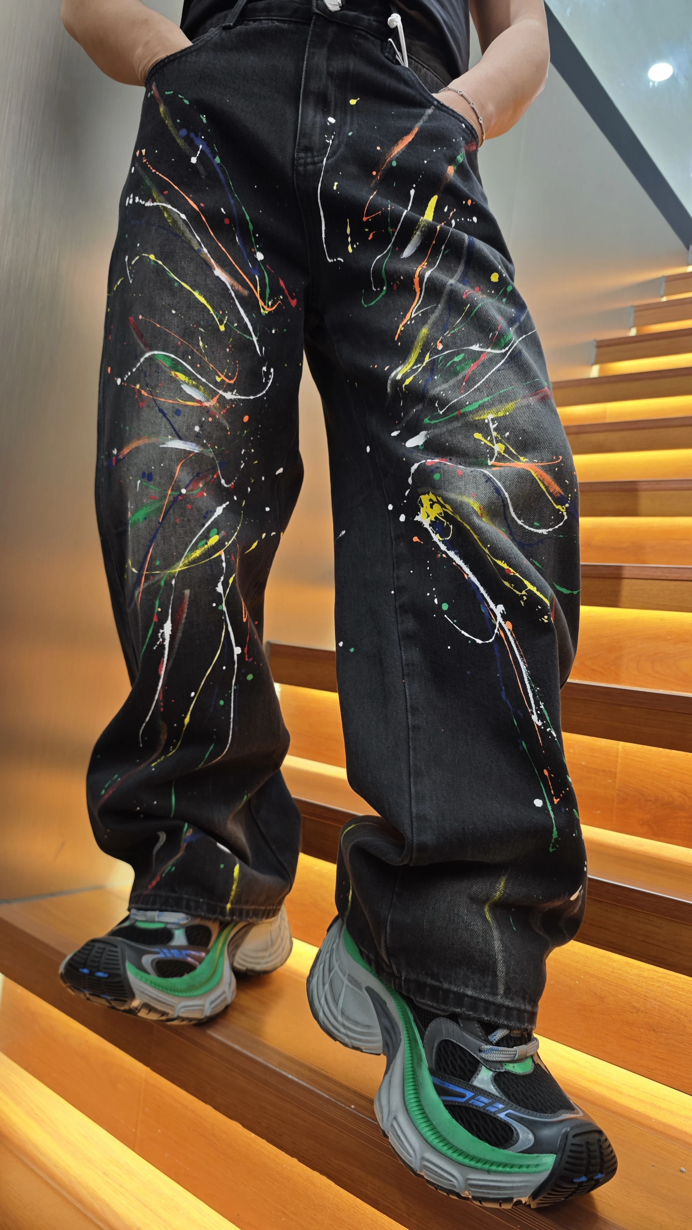 AL063 BLCG High Waist Super Quality  Loose Fitting Denim Pants  Heavy Thick Unisex Fashion Art Stylish Hand Painting Jeans