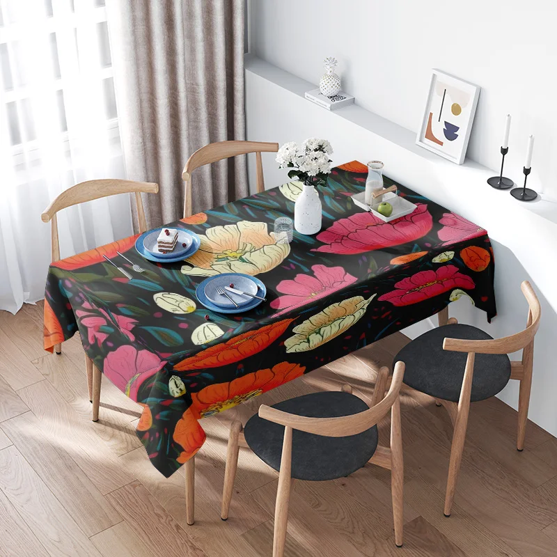 

Bright Floral Tablecloth with Green LeavesBlack Background Dining Cover for Kitchen Decorations Large Size, Multicolored