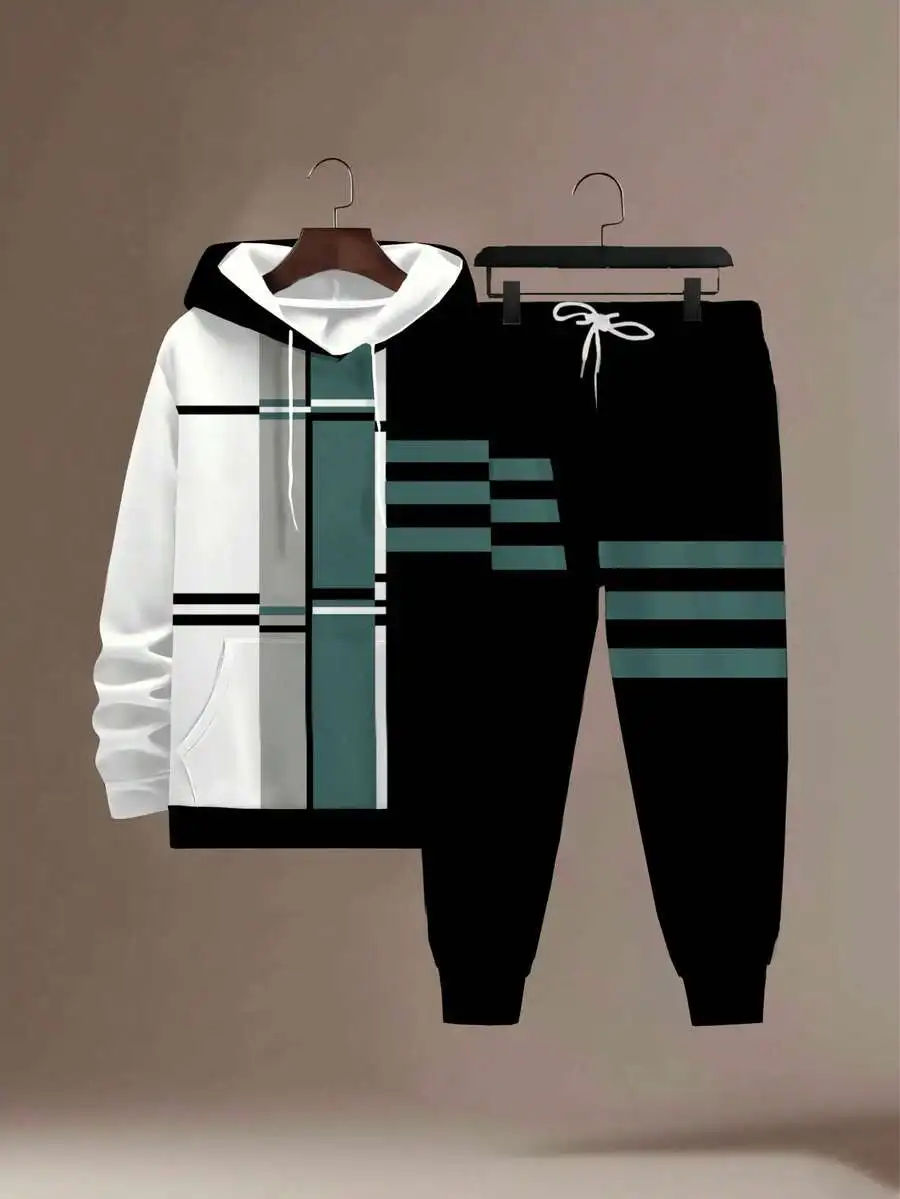 

Plus Size Mens Geometric Print Hoodie And Sweatpants Set Casual Polyester Tracksuit For Autumn Spring