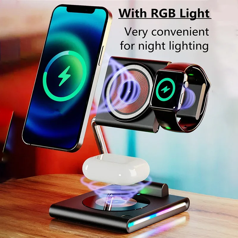 Foldable RGB Light Magnetic Wireless Charger Stand Pad For iPhone 15 14 13 Apple Watch Airpods 3 In 1 Fast Charging Dock Station