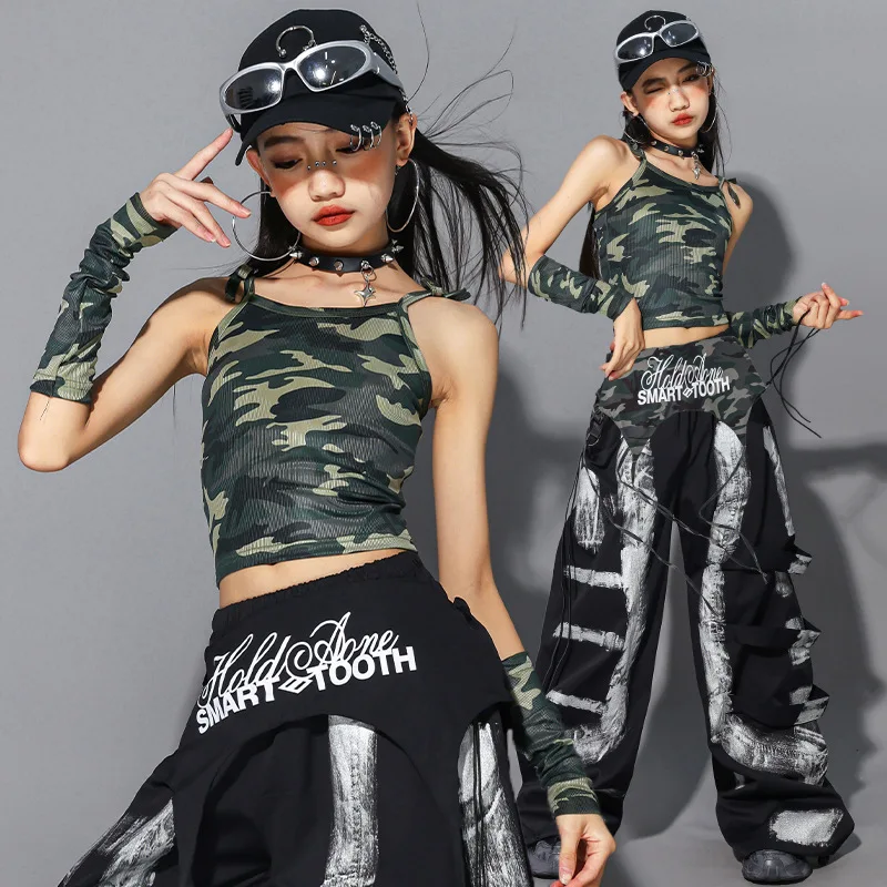

Girls Summer Jazz Dance Clothes Camouflage Vest Baggy Pants Cool Hip Hop Dance Costume Group Modern Street Wear Stage Clothing