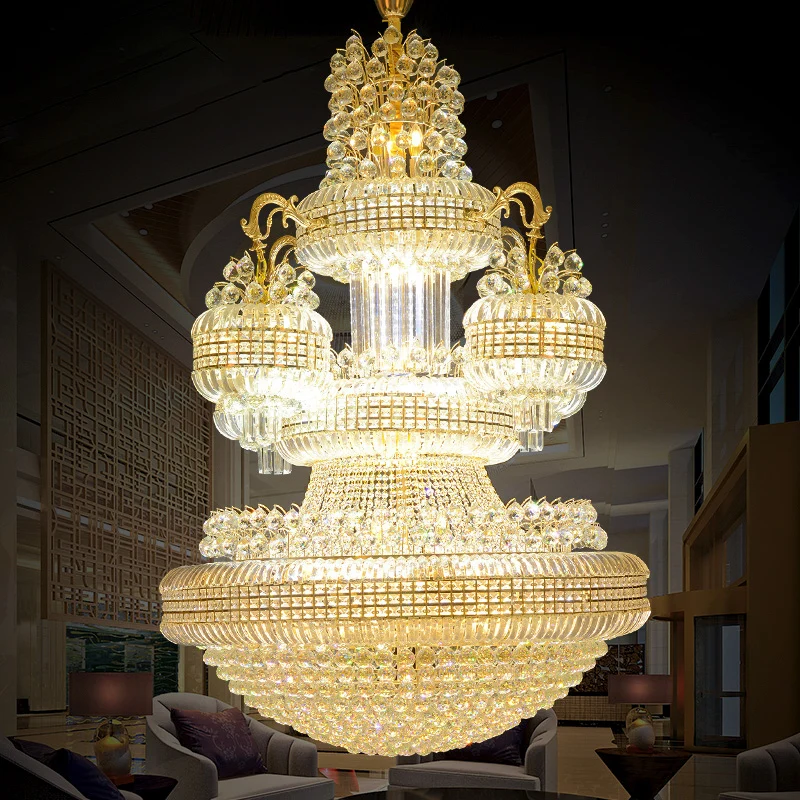 Gold luxury duplex building living room chandelier building middle floor crystal chandelier European villa lamp long chandelier