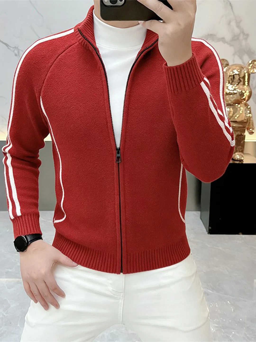 

Faionable Striped Color Blo Stand Collar Men's Knitted Sweater Coat Autumn Winter Soft Polyester Nylon Blend