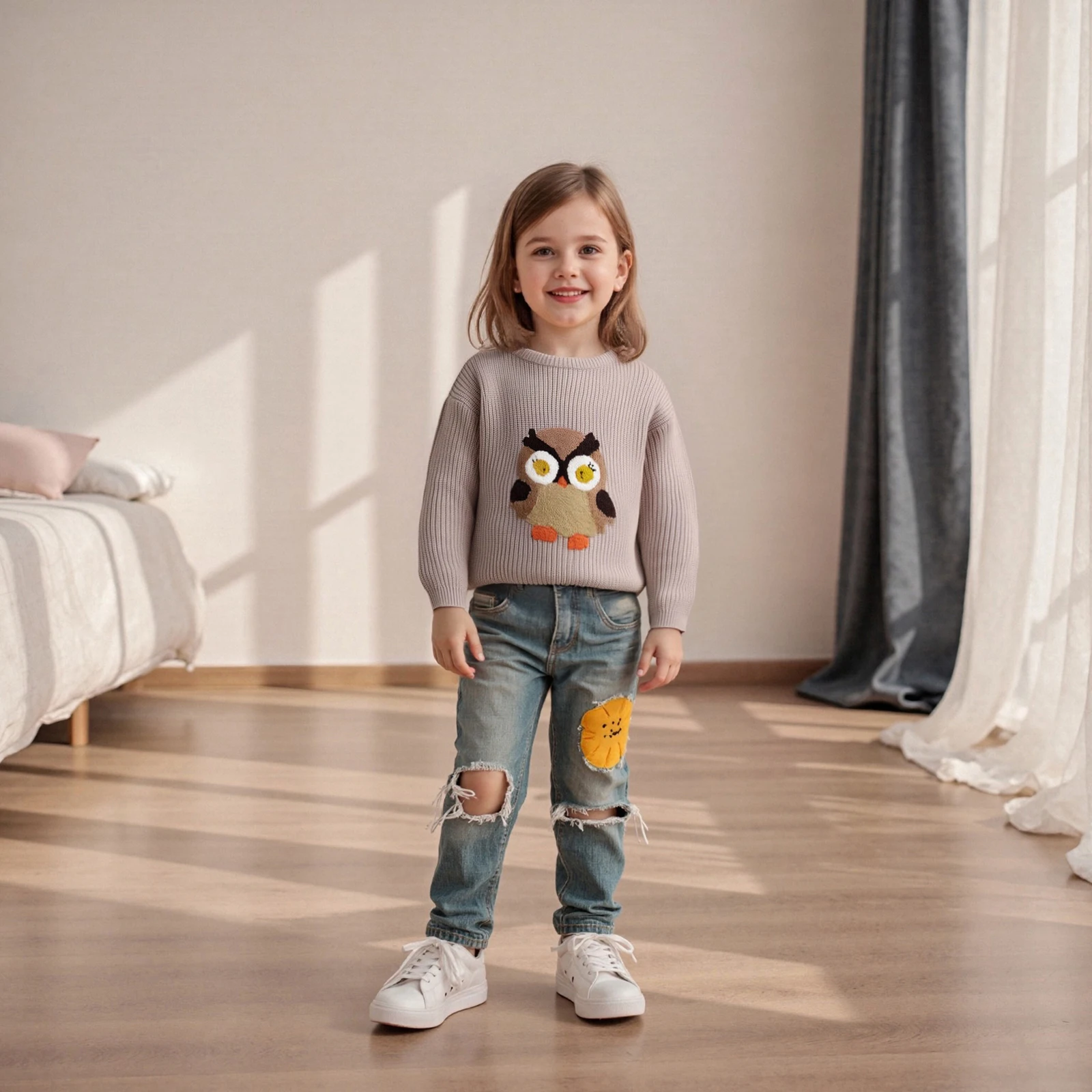 

Toddler Autumn Clothes Kid Boy Girl Sweater Owl Embroidered Crewneck Long Sleeve Pullover Chunky Knit Tops