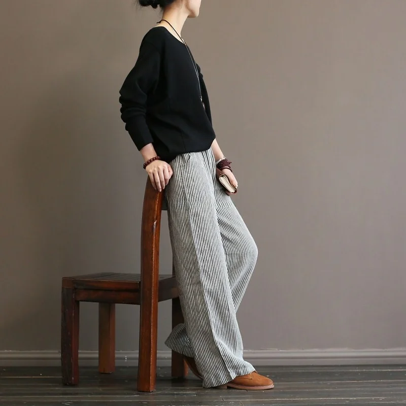 

Весенне-летние осенние оригинальные универсальные художественные цветные тканые льняные брюки в полоску прямого кроя, повседневные женские длинные брюки