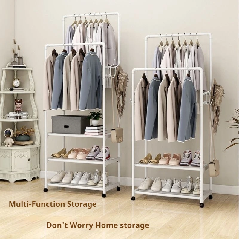 Hot Coat Rack Movable Double Clothes Shelf Simple Rod Clothes Floor-Standing Bedroom Telescopic Floor Hangers Storage Coat Rack
