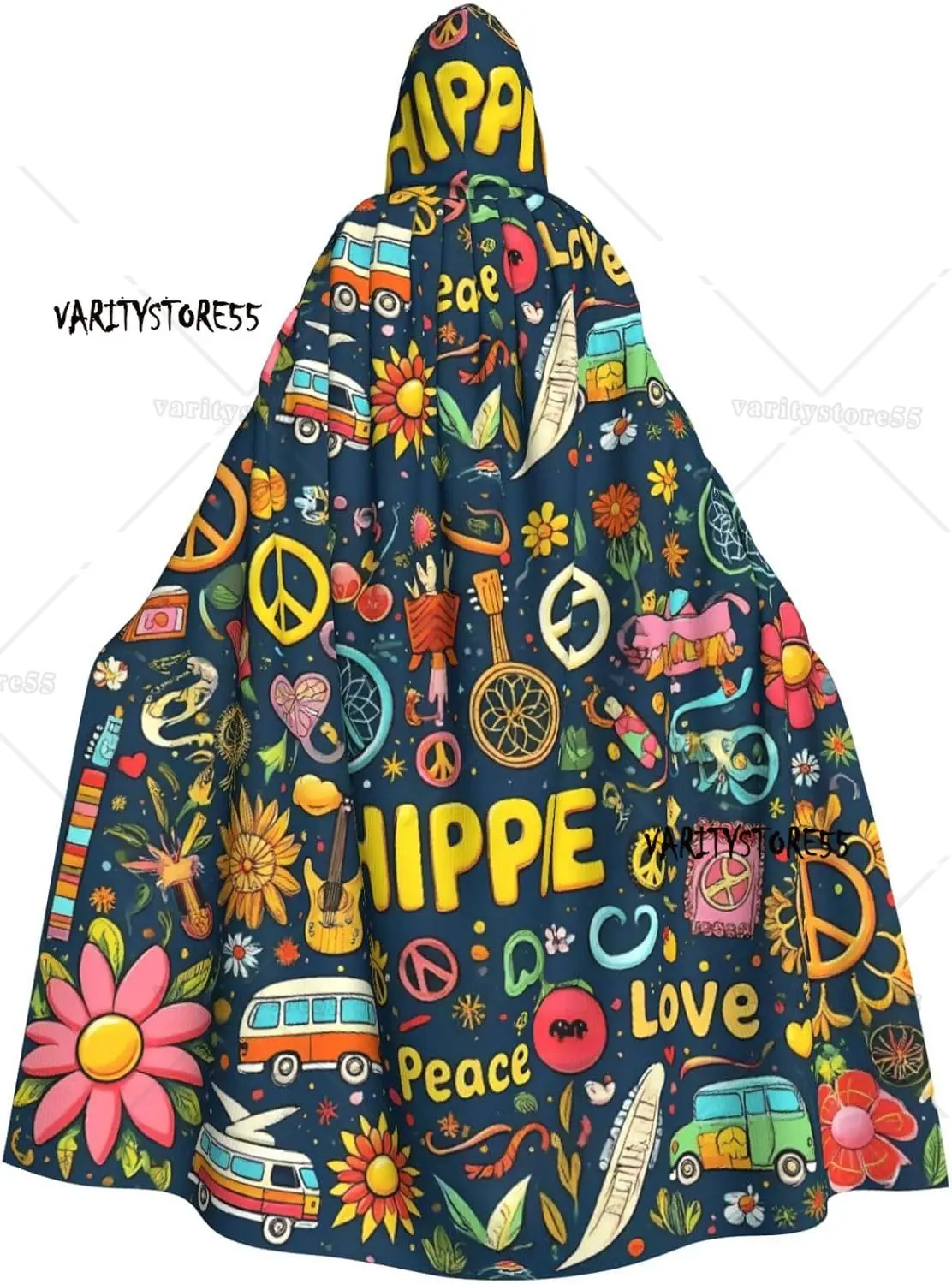 

Colorful Hippie Print Adult Cloak with Hood Halloween Christmas Witch Wizard Party Costume