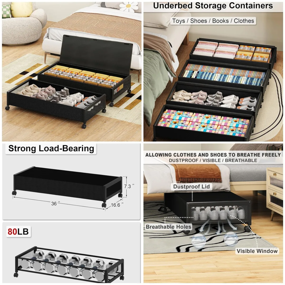 

2 Pack 36' Underbed Storage Containers with Wheels, Large Rolling Drawers for Dorm, Black