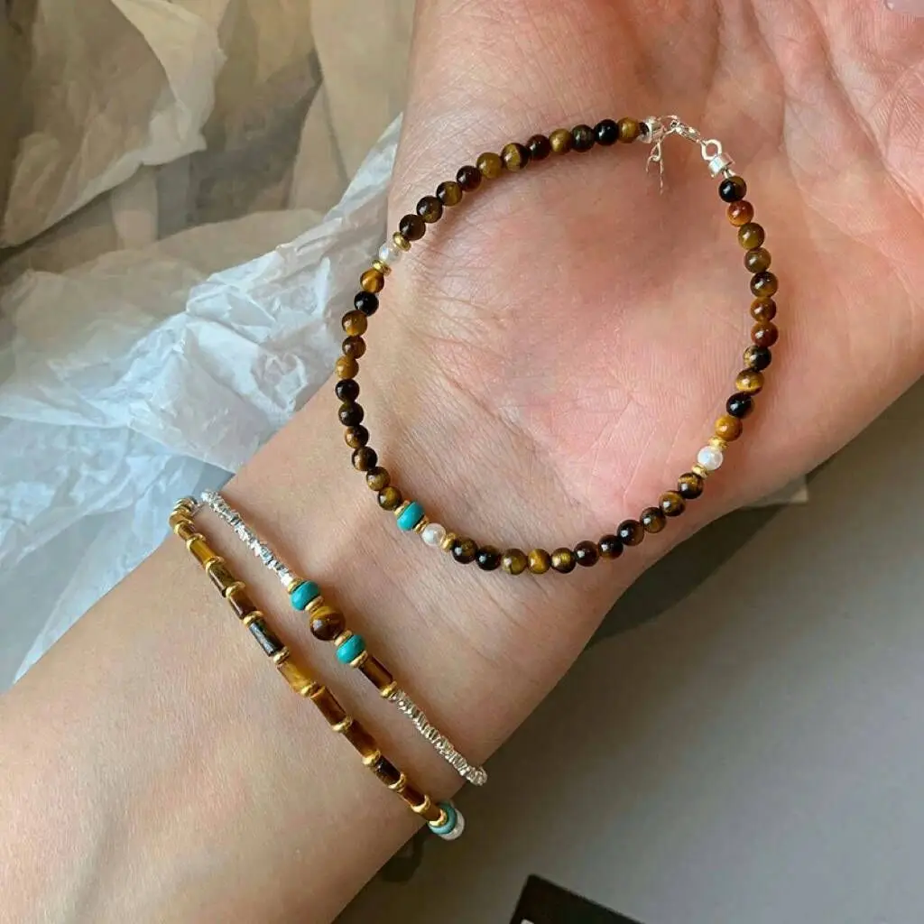 Withered Broken Silver Maillard Wearing Natural Tiger Eye Stone Pearl Bracelet For Women