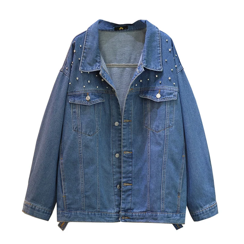 

Oversize XXL-6XL Ladies Denim Jacket Autumn Winter Diamonds Loose Jean Coat Women Casual Outerwear Streetwear Female 150kg Wear