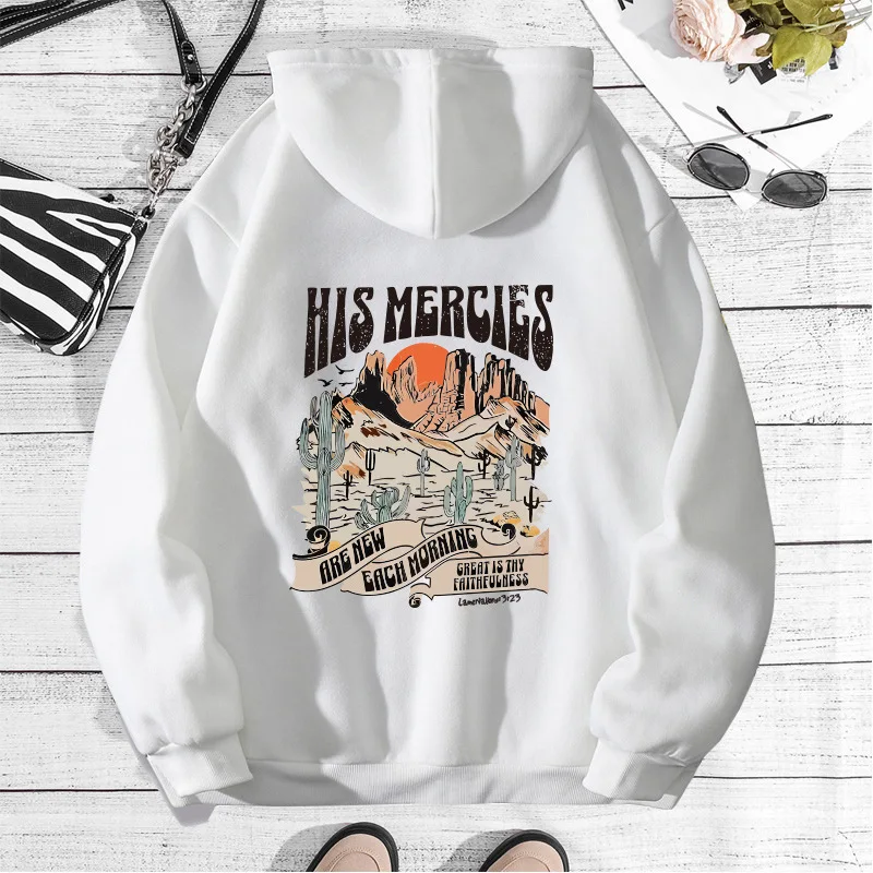 

His Mercies Are New Every Morning Print Fleece Hoodies Woman Hoodie Sportswear Fashion Oversized Pullover Drop Shoulder Sleeve