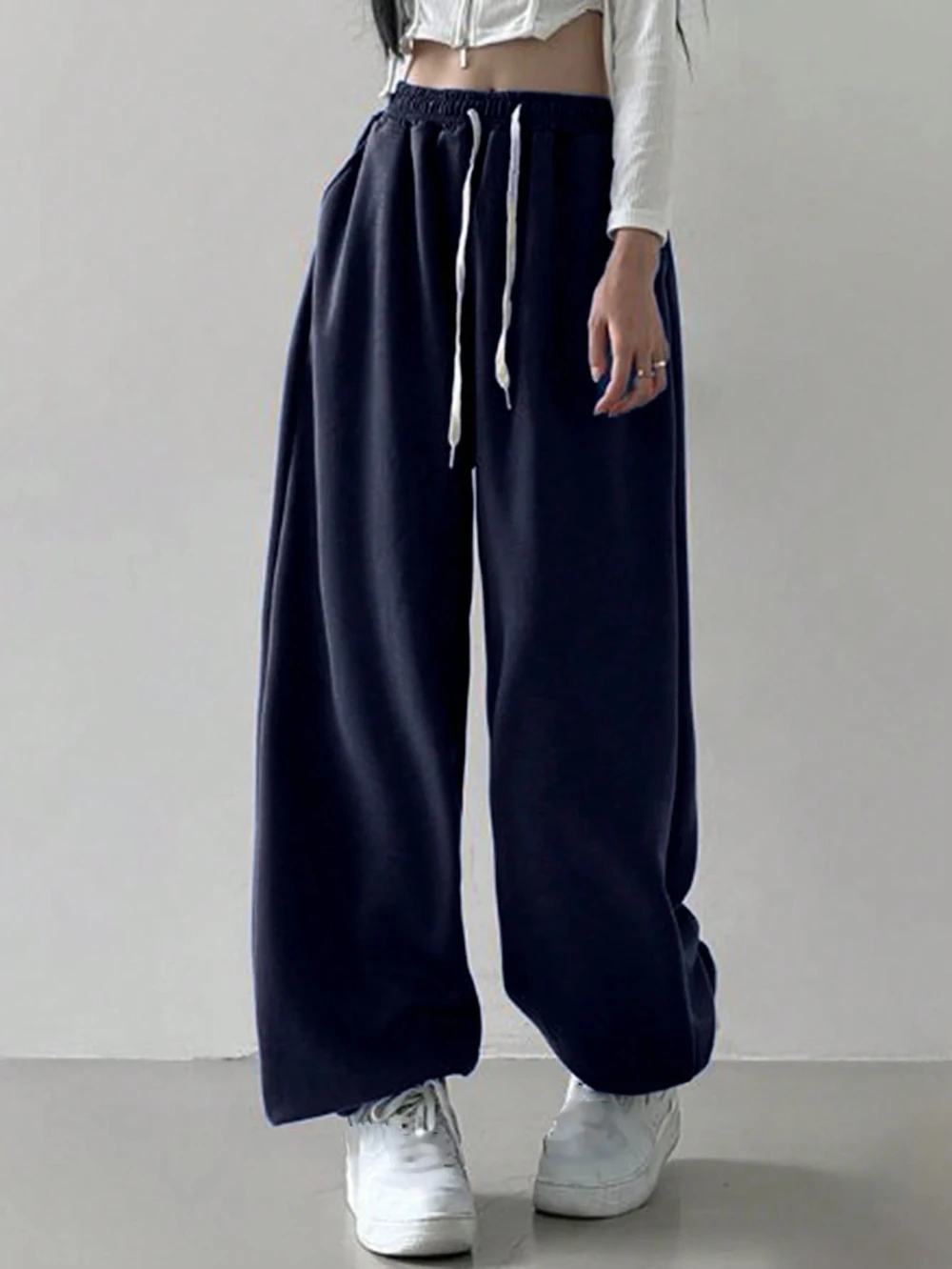 Pantaloni da jogging casual con tasca frontale con coulisse in tinta unita da donna, pantaloni larghi da donna con gamba dritta sportiva da jogging da donna