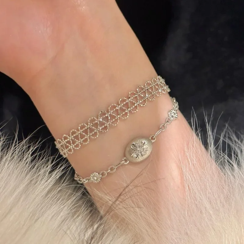 

Light luxury retro round bead silver 925 ribbon lace bracelet for women hollow out fashion and exquisite bangles jewelry