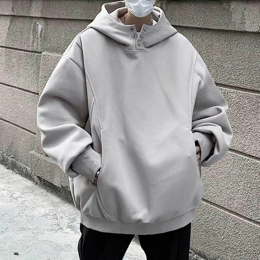 Fall Winter Men Hoodie with Big Pockets Buttoned Hood Loose Elastic Cuff Warm Pullover Mid Length Hip Hop Solid Color Top