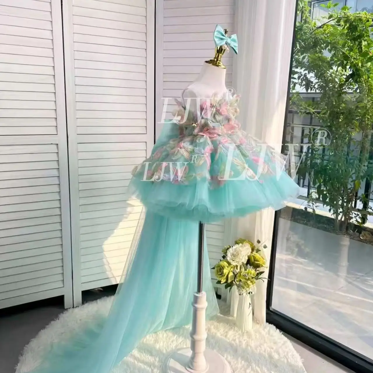 Elegant Mint Green 3D Floral  Long Tail Flower Girl Dress Baby 1st  Birthday Party Wedding Pageant Outfit Host's Piano Performan - view 4