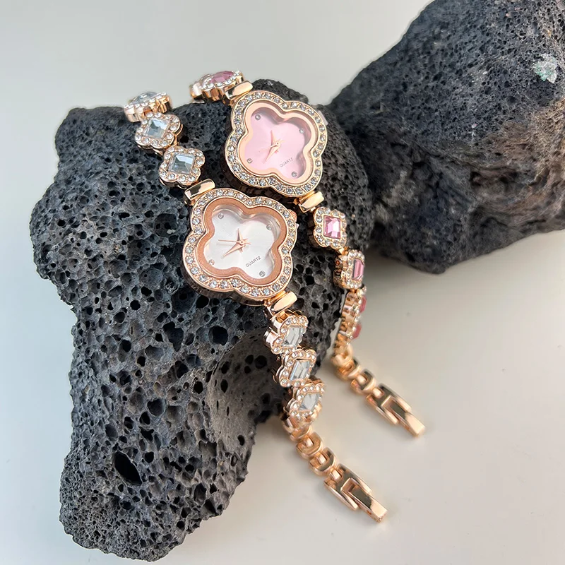 Ladies Classic Fashion Quartz Watch Four-leaf Clover Embedded Diamond Colorful Rhinestone Elegant Alloy Bracelet