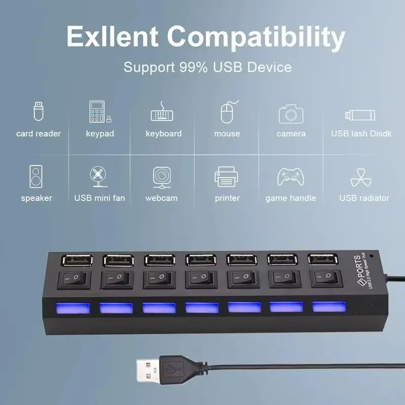 

High Speed 4/7 Ports USB HUB 2.0 Adapter Expander Multi USB Splitter Multiple Extender with LED Lamp Switch for PC Laptop