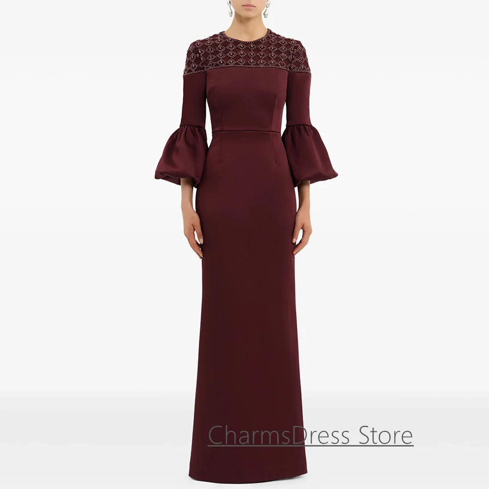 فستان سهرة عنابي مخصص موضة رقبة مستديرة 3/4 أكمام مطرز بالكريستال طول الأرض فستان حفلات المملكة العربية السعودية #1