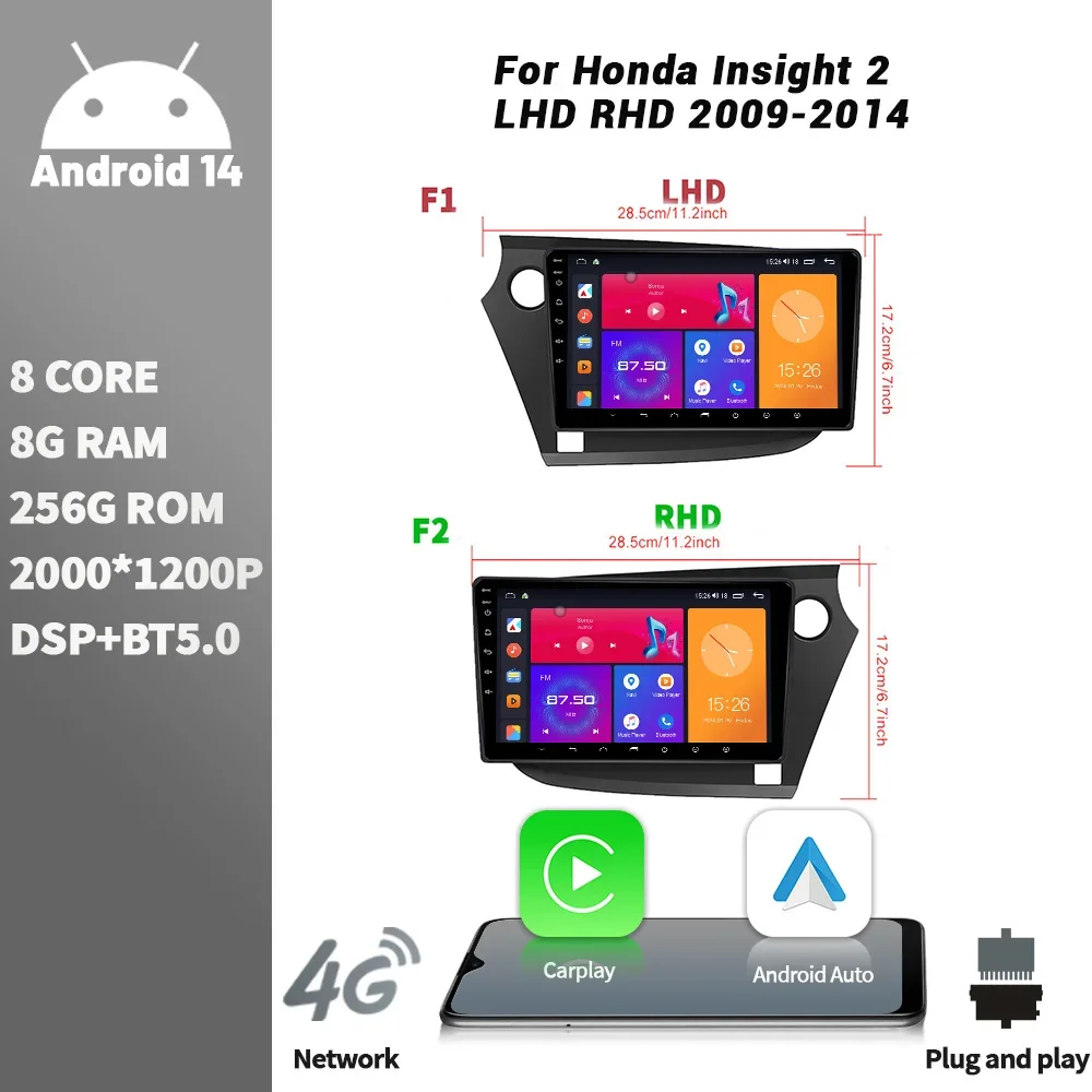 

Car Radio Multimedia Player Navigation Android Wireless CarPlay Stereo Screen For Honda Insight 2LHD RHD 2009-2014 WIFI 4G