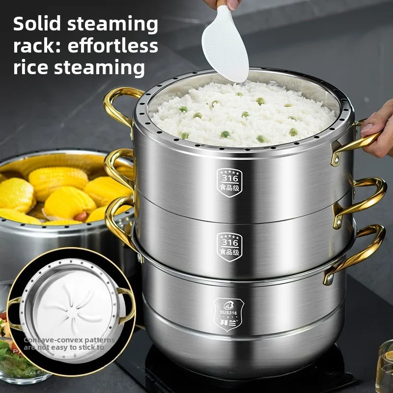 Original Flavor Three Layer Steamer Pot 304 Stainless Steel Multifunction Steamed Buns Rice Energy Saving Steam Cooker