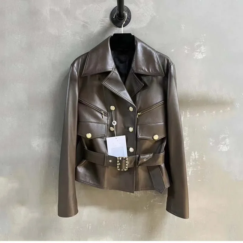 High-End Luxury Leather Jacket Women Coat Spring And Autumn 2024 Turn-Down Collar Clothes With Belt Double Breasted